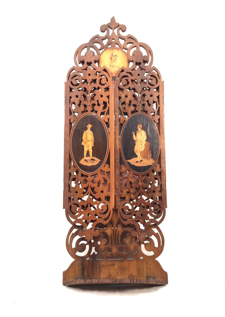 Antique Tabletop Hand Carved Wooden Sorrento Ware Triptych Vanity Mirror c.1900