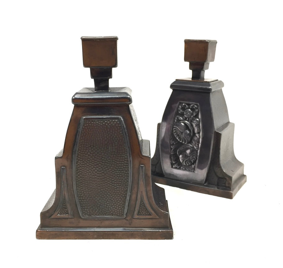 Antique Arts & Crafts Hammered Copper Metal Pair of Candlestick Holders c.1930