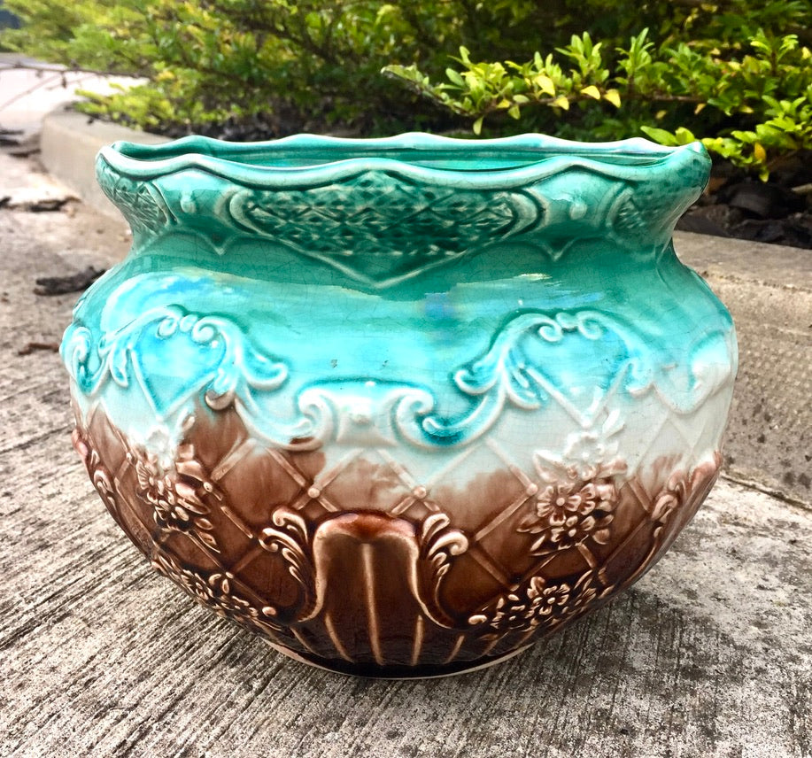 Antique Green & Brown Pottery Majolica Planter Indoor Plant Pot Cache Pot c.1920
