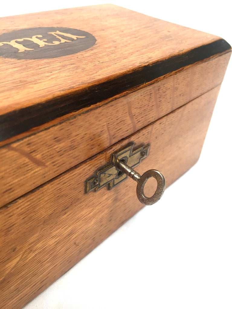 Antique 19th Century Wooden Double Compartment Tea Caddy with Key & Working Lock