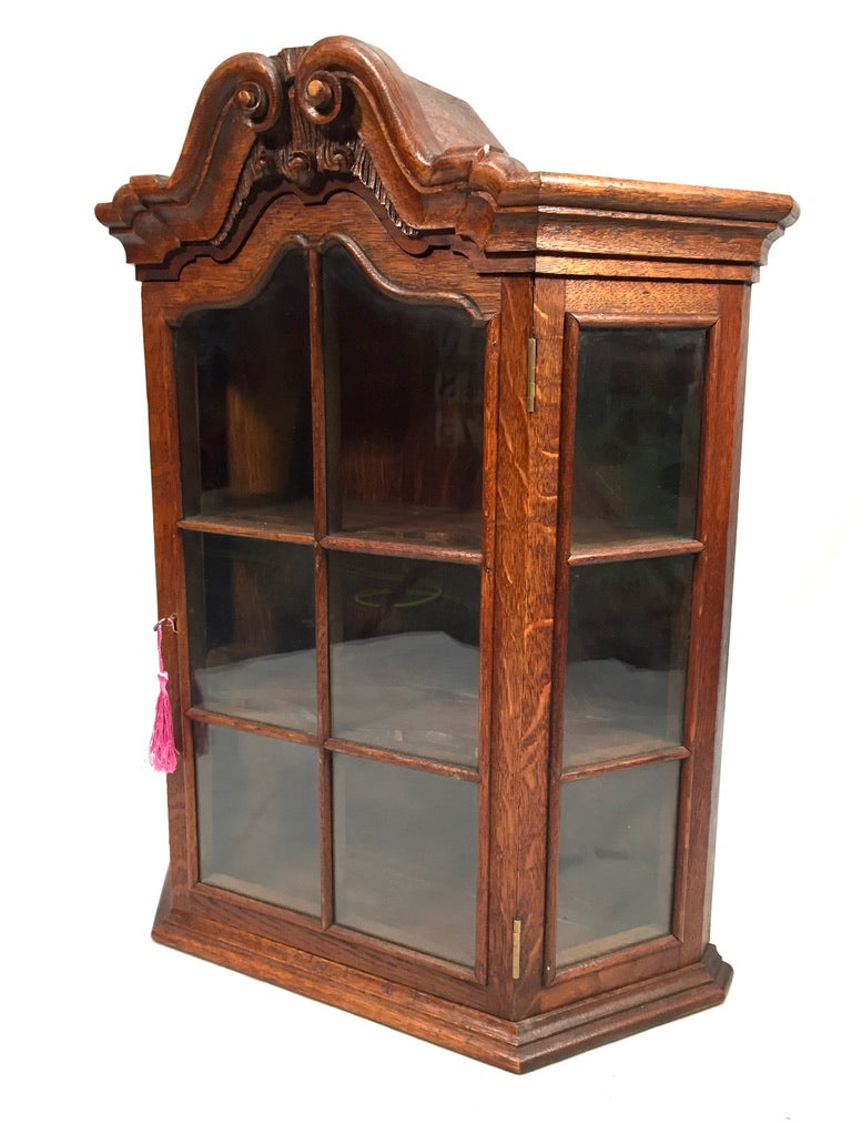 Antique Wooden Oak & Glass Wall Hanging Display Cabinet Storage Shelf with Key