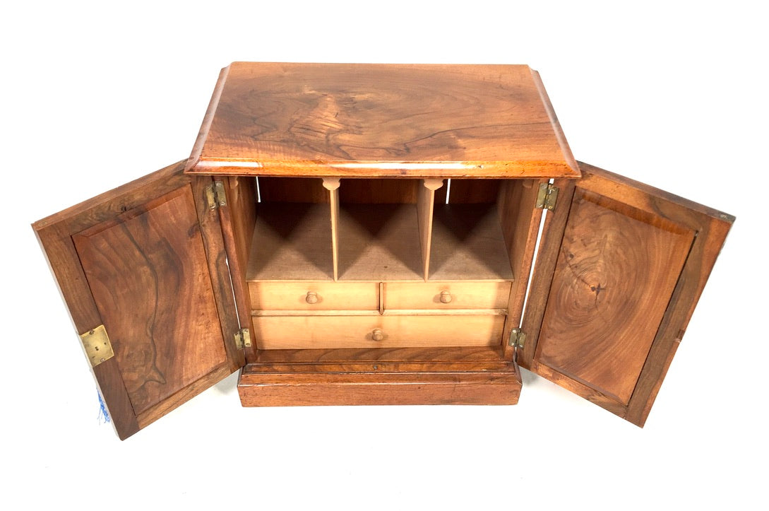 Antique Wooden Walnut Tabletop Cabinet Storage Box Desk Organiser & Key c.1930