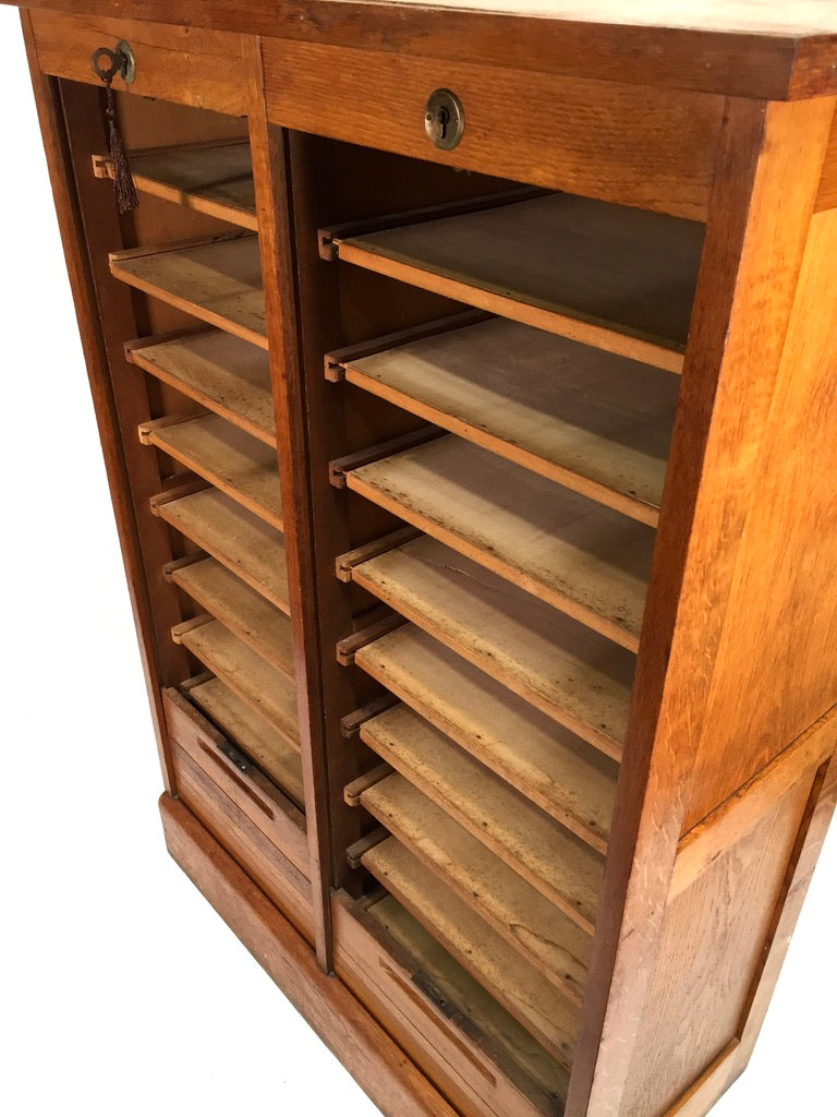 Antique 1950s Wood Oak Double Tambour Fronted Office Paper Filing Cabinet & Key