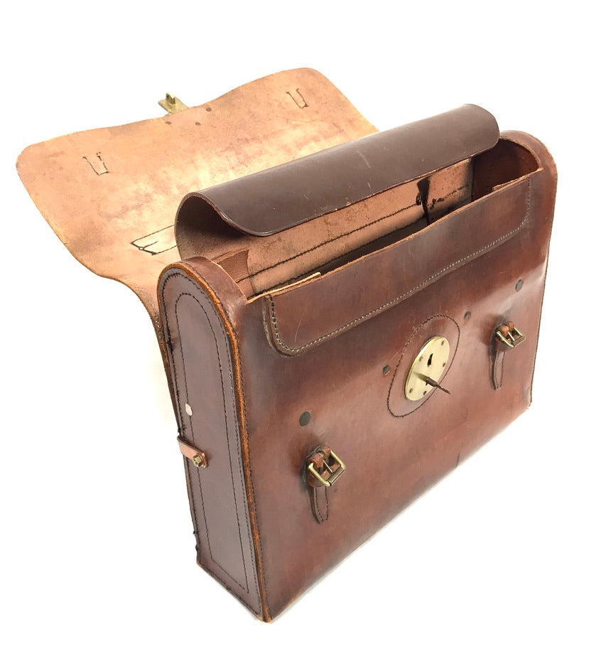 Antique Mid 20th Century Brown Leather Lloyds Bank Briefcase Bag With Key c1950