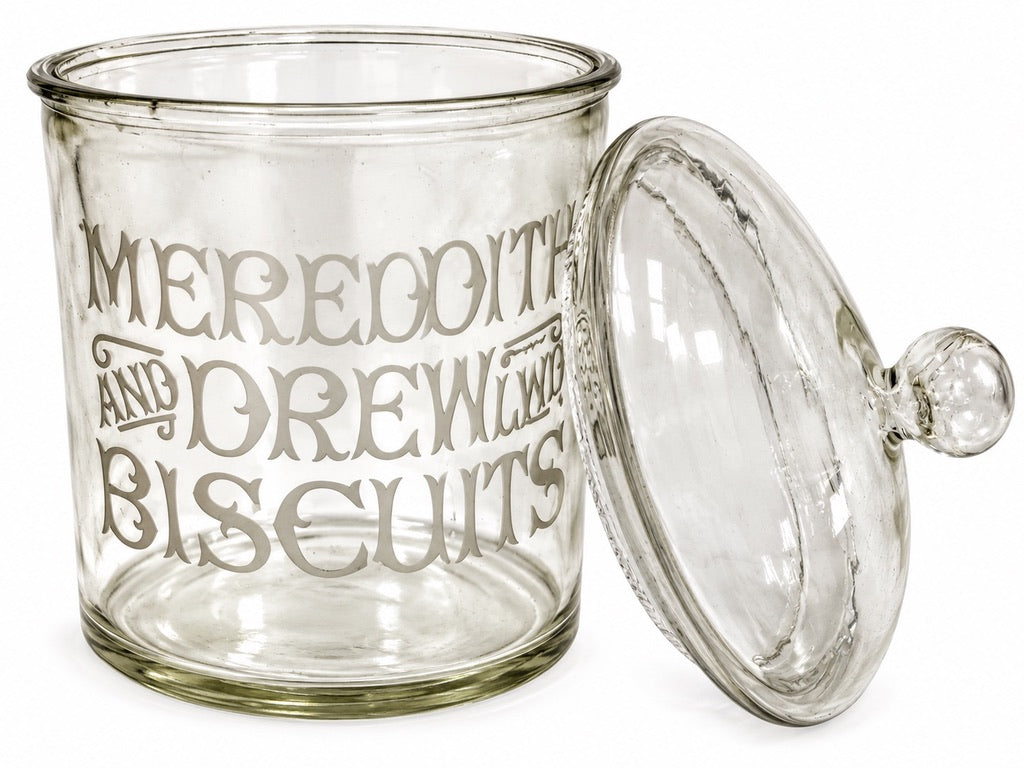 Antique Advertising - Shop Display Glass Meredith & Dew Biscuit Jar with Lid