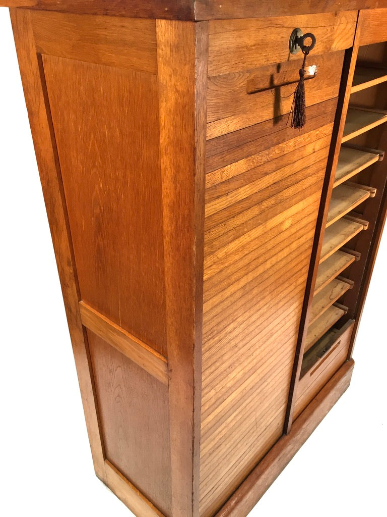Antique 1950s Wood Oak Double Tambour Fronted Office Paper Filing Cabinet & Key