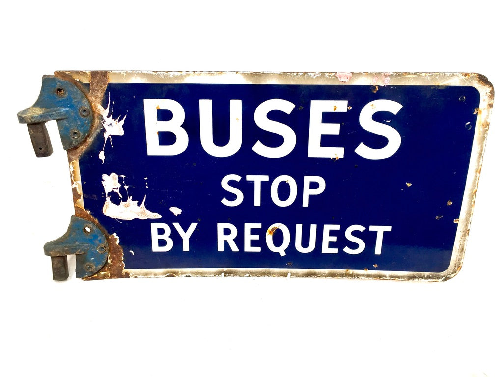 Antique Double Sided Blue & White Enamel Bus Stop Sign Busses Stop By Request