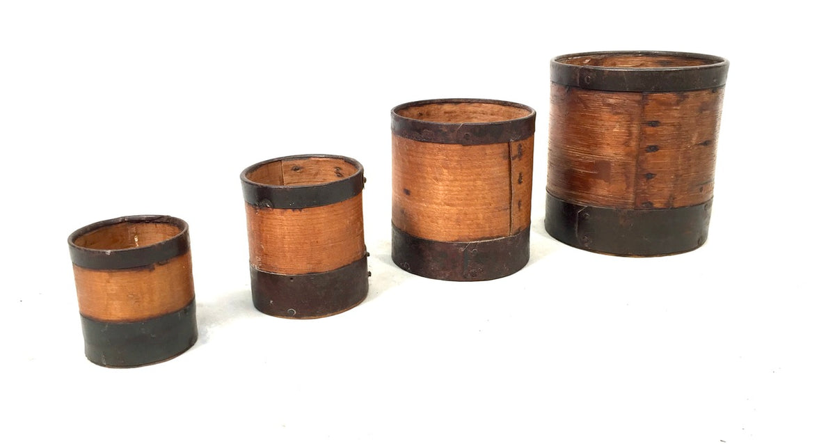Antique Bentwood & Iron Set of 4 Grain Measuring Pots / Storage Cups c.1890