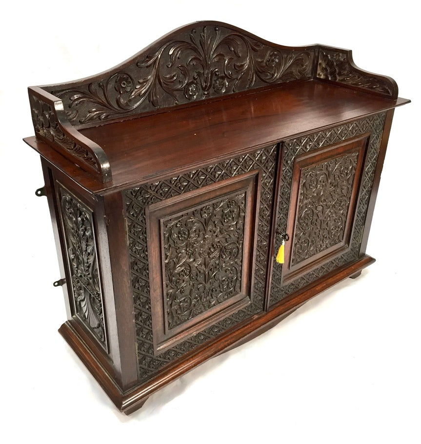 Antique Wooden Ornate Hand carved Cabinet / Cupboard with Key 19th Century