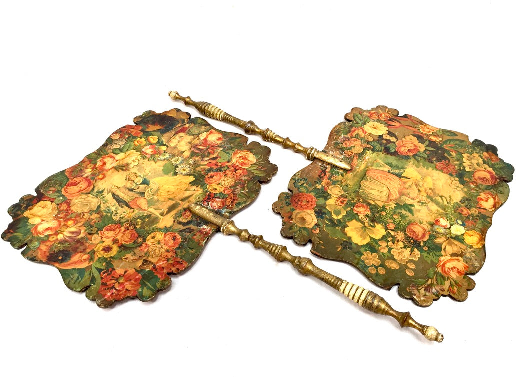 Antique Pair of Victorian Wooden Hand Held Fireplace Face Screens c.1880