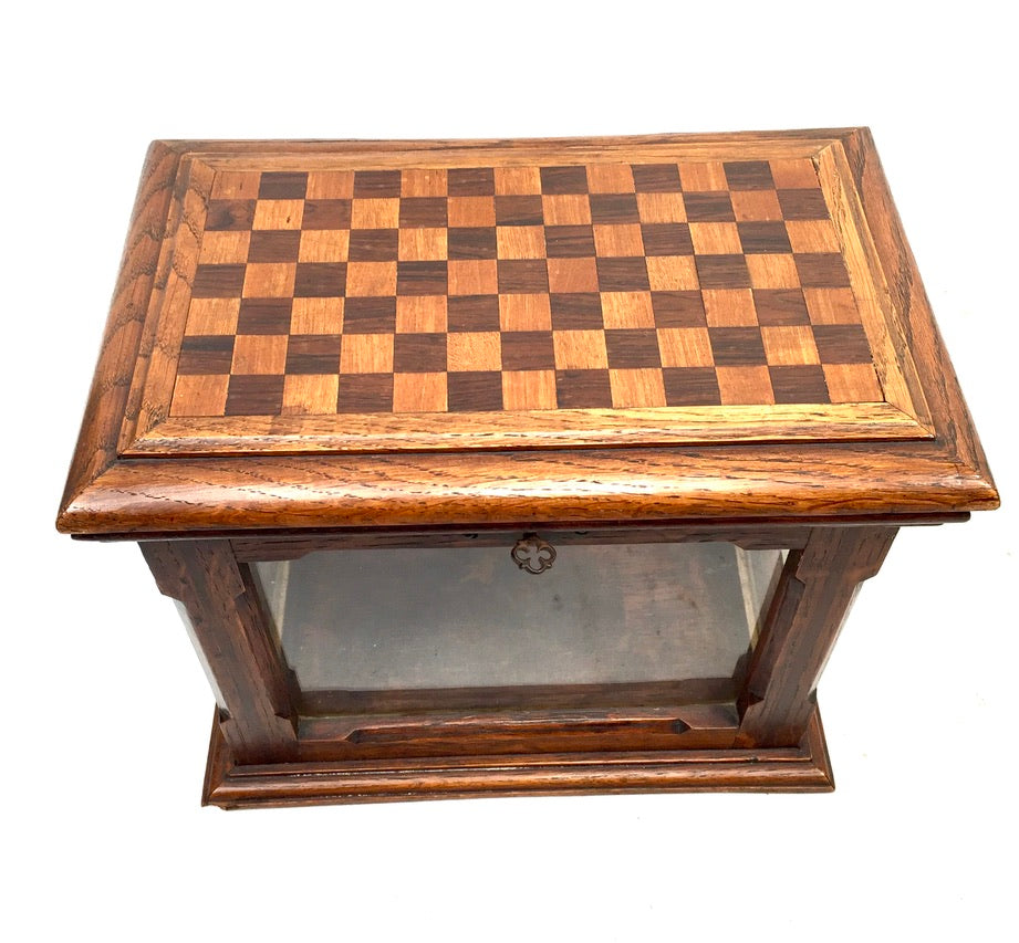 Antique Wooden Oak & Glass Display Box Cabinet / Checkerboard Inlaid Top c.1930