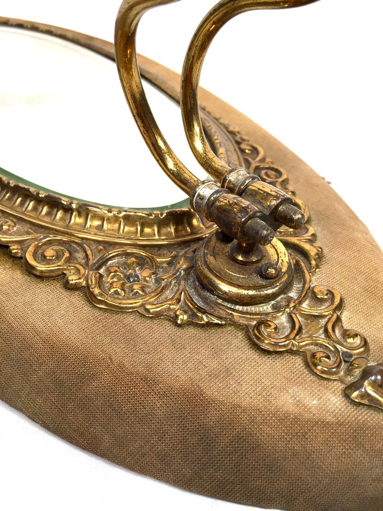 Antique Brass & Fabric Wall Mounted Mirror / Double Candle Holder Sconce c.1900
