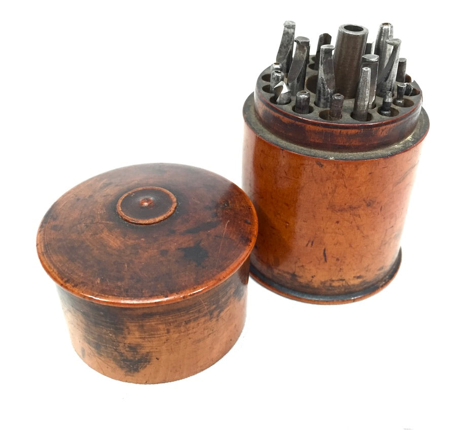 Antique Wooden Storage Case with Various Steel Metal Punch Set Tools Watchmaker