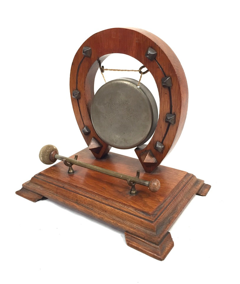 Antique Brass Gong with Lucky Horseshoe – Wooden Oak Stand & Mallet Vintage