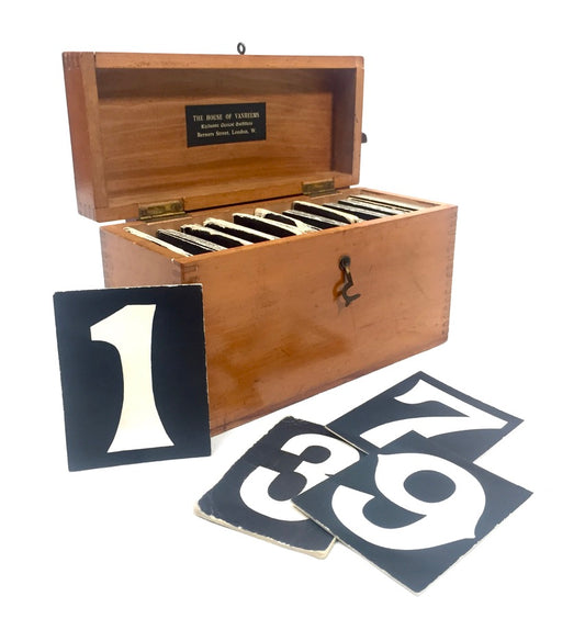 Antique Wooden Box of Hymn Board Card Numbers The House of Vanheems London c1930