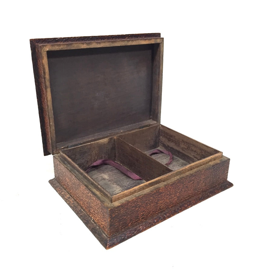Antique Wood & Pewter Storage Box / Trinket Jewellery Box / Blue Cabochon c.1930