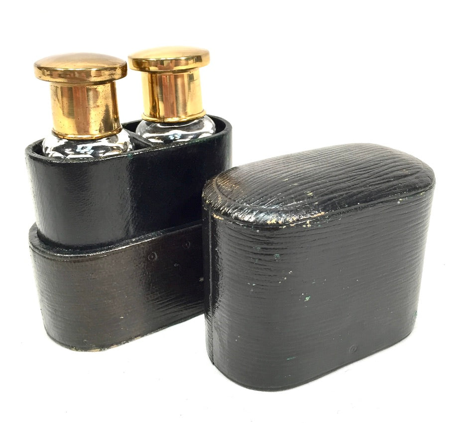 Antique Glass Fragrance / Perfume Scent Bottles in Leather Travel Case c.1930