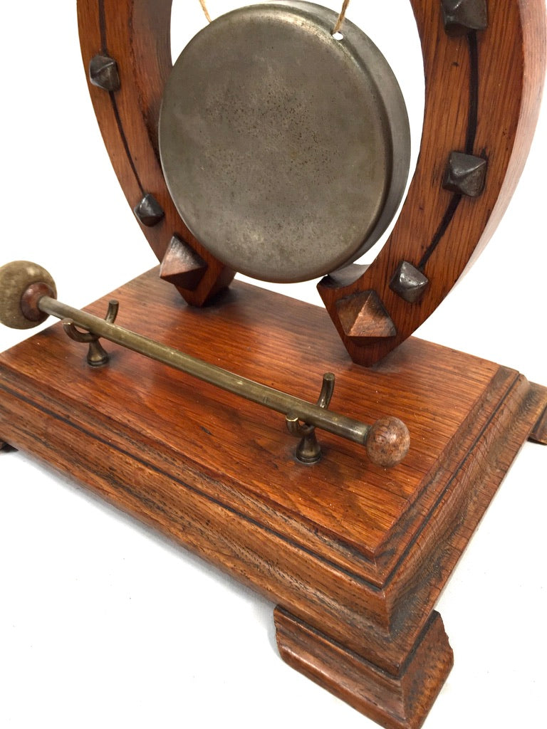 Antique Brass Gong with Lucky Horseshoe – Wooden Oak Stand & Mallet Vintage