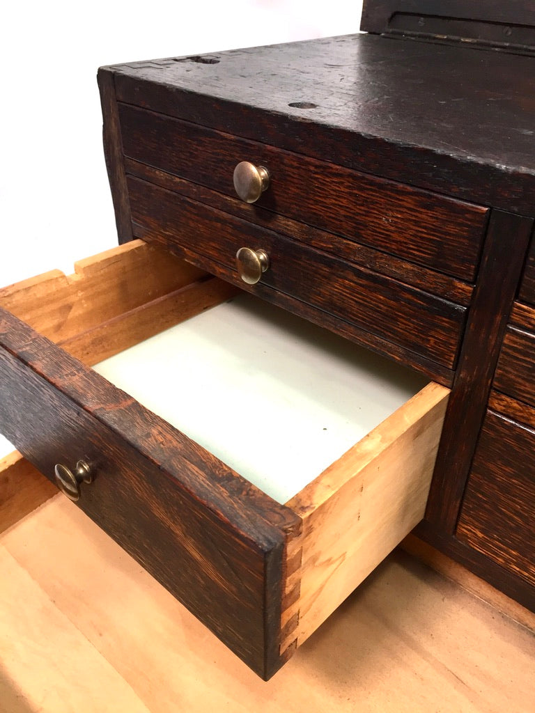 Antique Tabletop Wooden Tool Chest / Collectors Drawers Storage Box c.1900