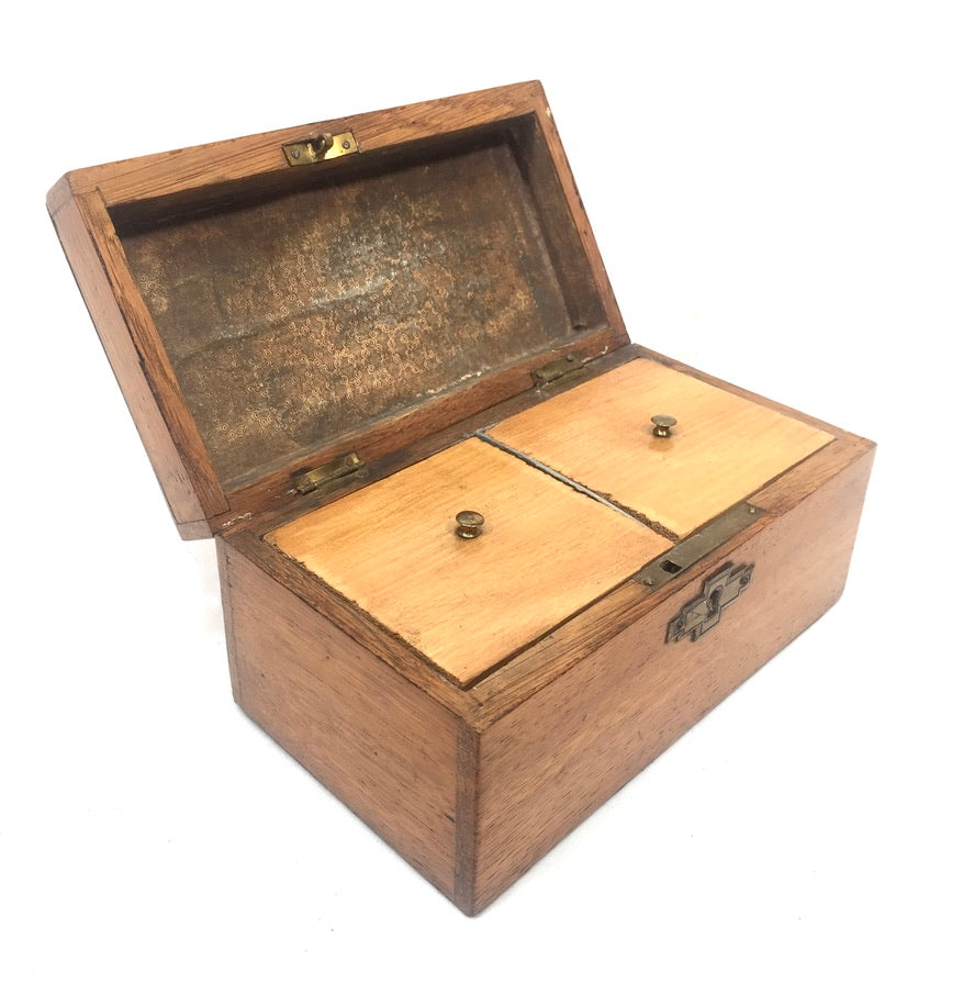 Antique 19th Century Wooden Double Compartment Tea Caddy with Key & Working Lock