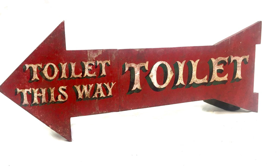 Vintage Wooden Hand Painted on Boards Red & White Toilet This Way Sign Arrow