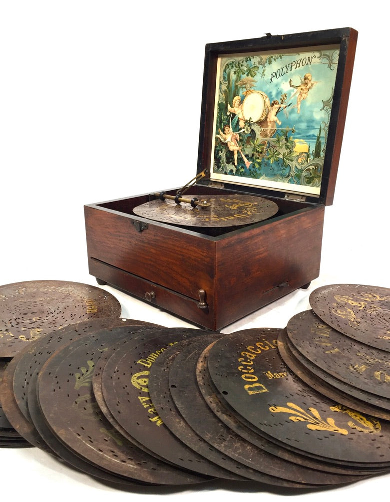 Antique Tabletop Wooden Walnut Cased Polyphon Music Box / Working Discs c.1901