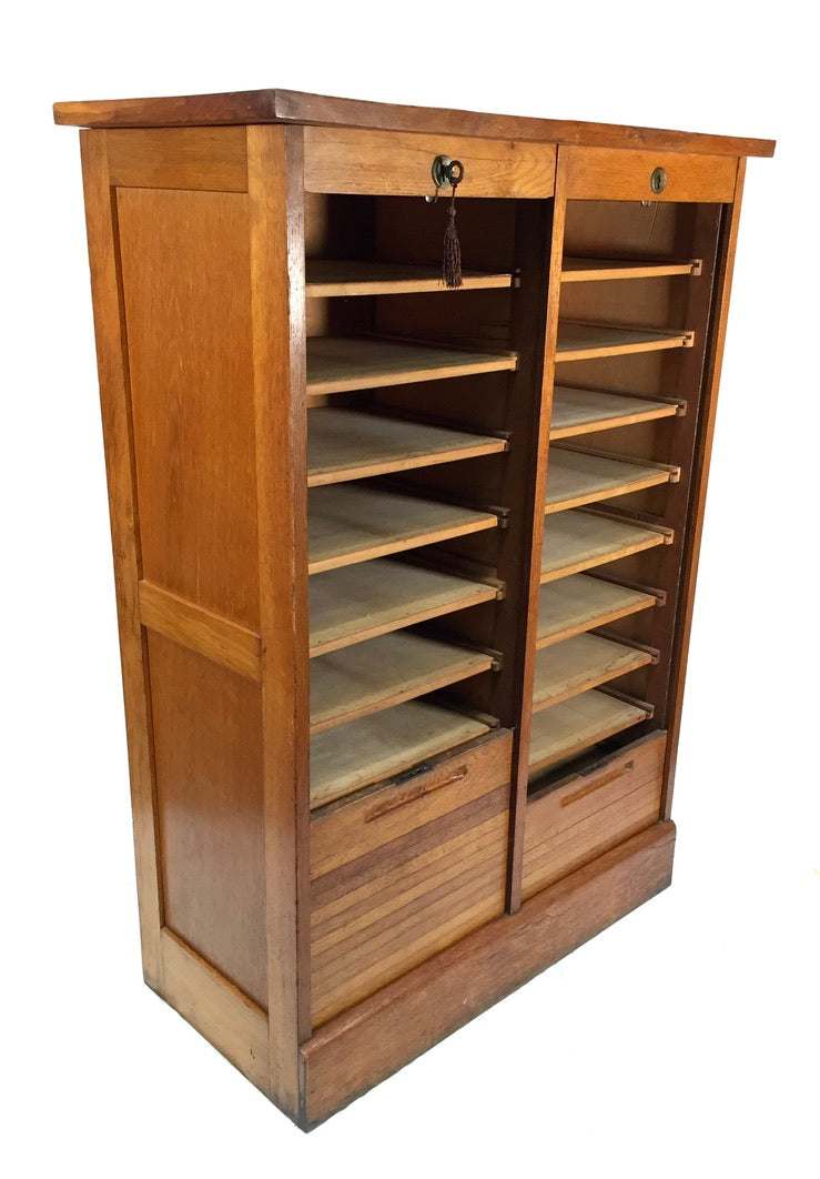 Antique 1950s Wood Oak Double Tambour Fronted Office Paper Filing Cabinet & Key