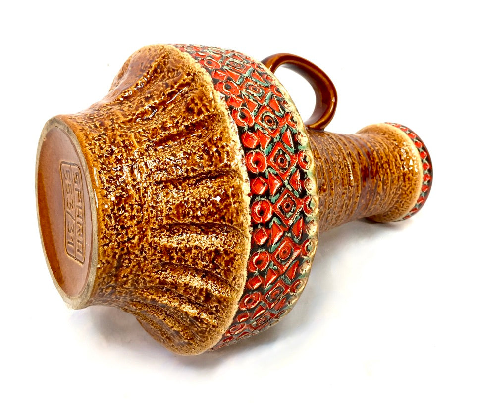 Vintage Spara Keramik West German Pottery Vase Jug / Retro 1970s Orange & Brown