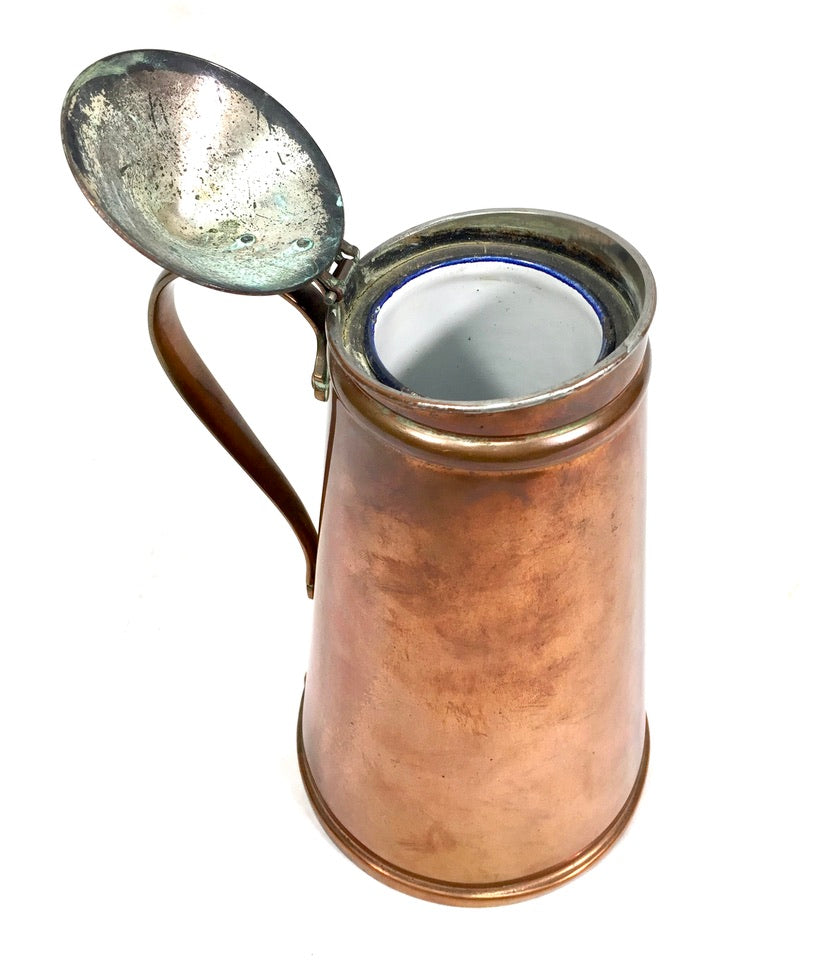 Antique Arts & Crafts W.A.S. Benson Copper Pitcher Jug With Enamel Liner c.1900