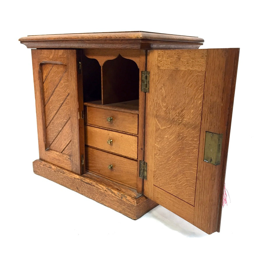 Antique Tabletop Oak Wooden Desk Stationery Box / Cabinet / Cupboard c.1920 Key