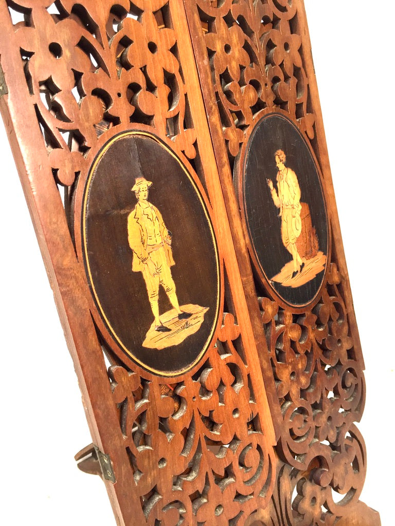 Antique Tabletop Hand Carved Wooden Sorrento Ware Triptych Vanity Mirror c.1900