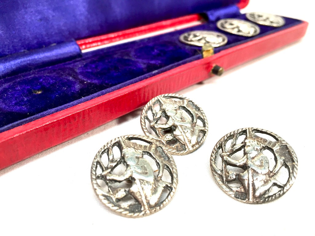 Antique Art Nouveau Sterling Silver Hallmarked Dress Buttons in Case / Complete