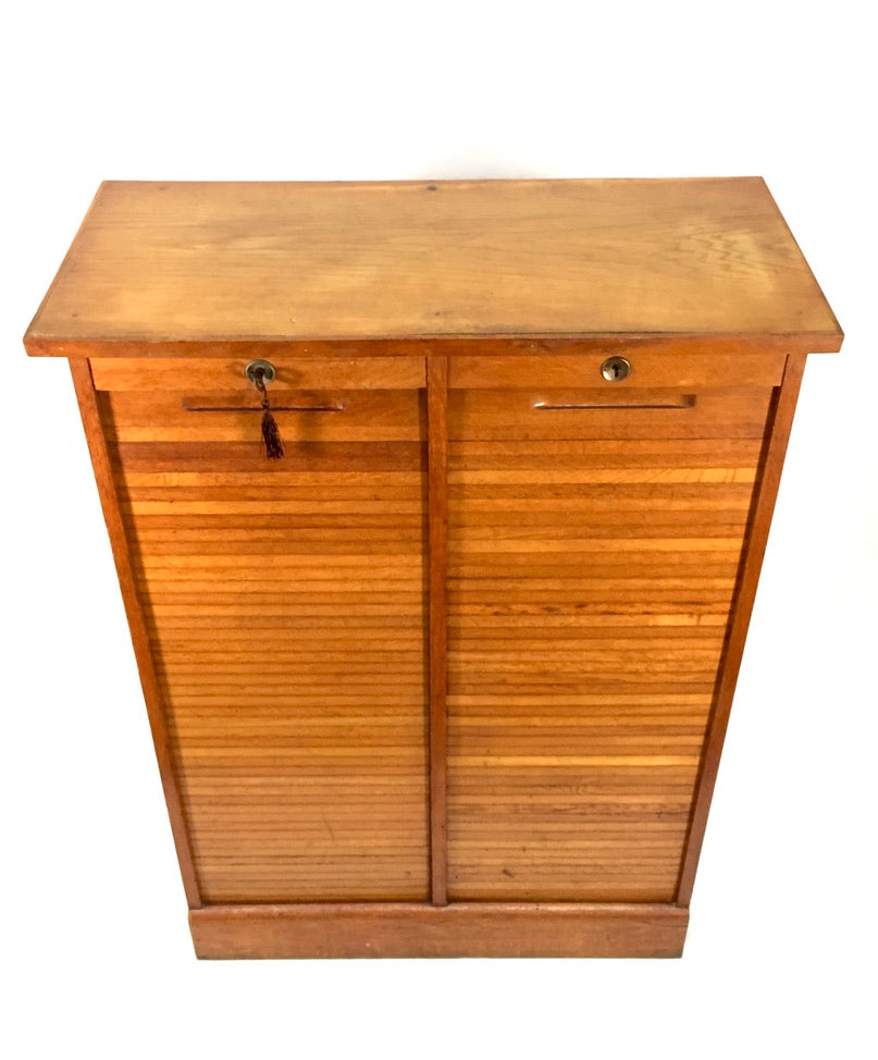 Antique 1950s Wood Oak Double Tambour Fronted Office Paper Filing Cabinet & Key