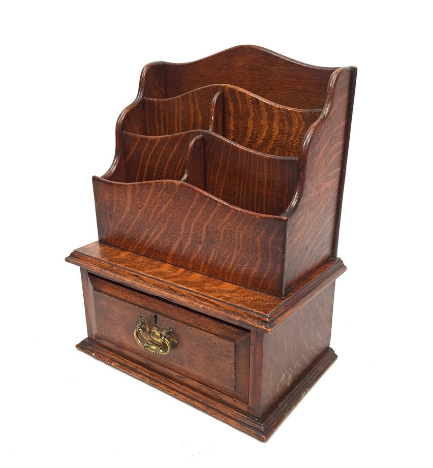 Antique Edwardian Wooden Oak Desk Organiser Letter Rack and Storage Drawer c1900