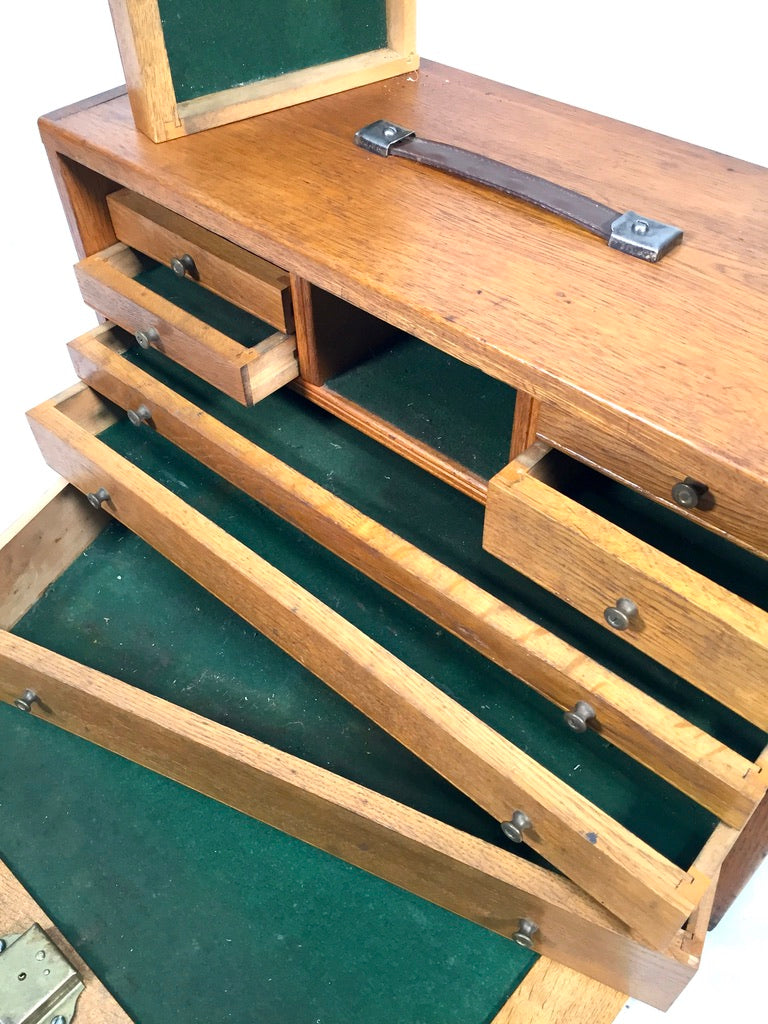 Antique Wooden Oak Engineers Toolbox / Tool Box Collectors Cabinet & Key c.1950