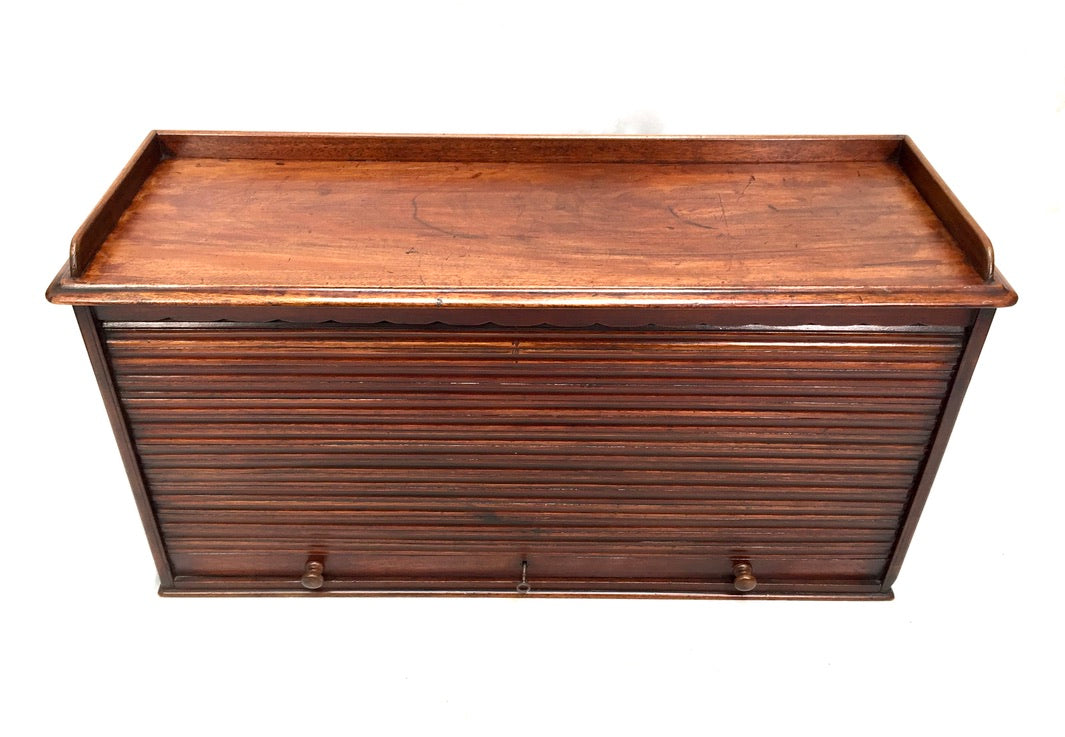 Antique Wooden Tambour Fronted Cabinet Pigeon Hole Stationery Box with Key c1930