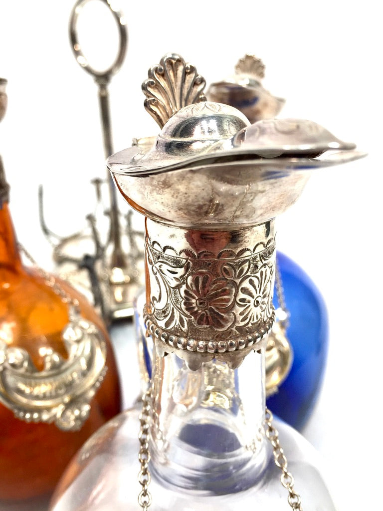 Antique Victorian Blue, Brown and Clear Glass Flagon Decanter Set Display Stand