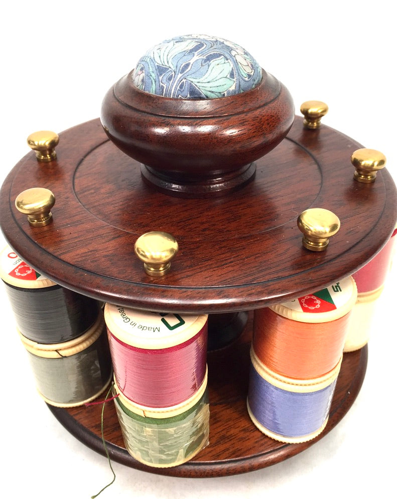 Vintage Mahogany Wood Tabletop Revolving Cotton Spool Reel Holder & Pin Cushion