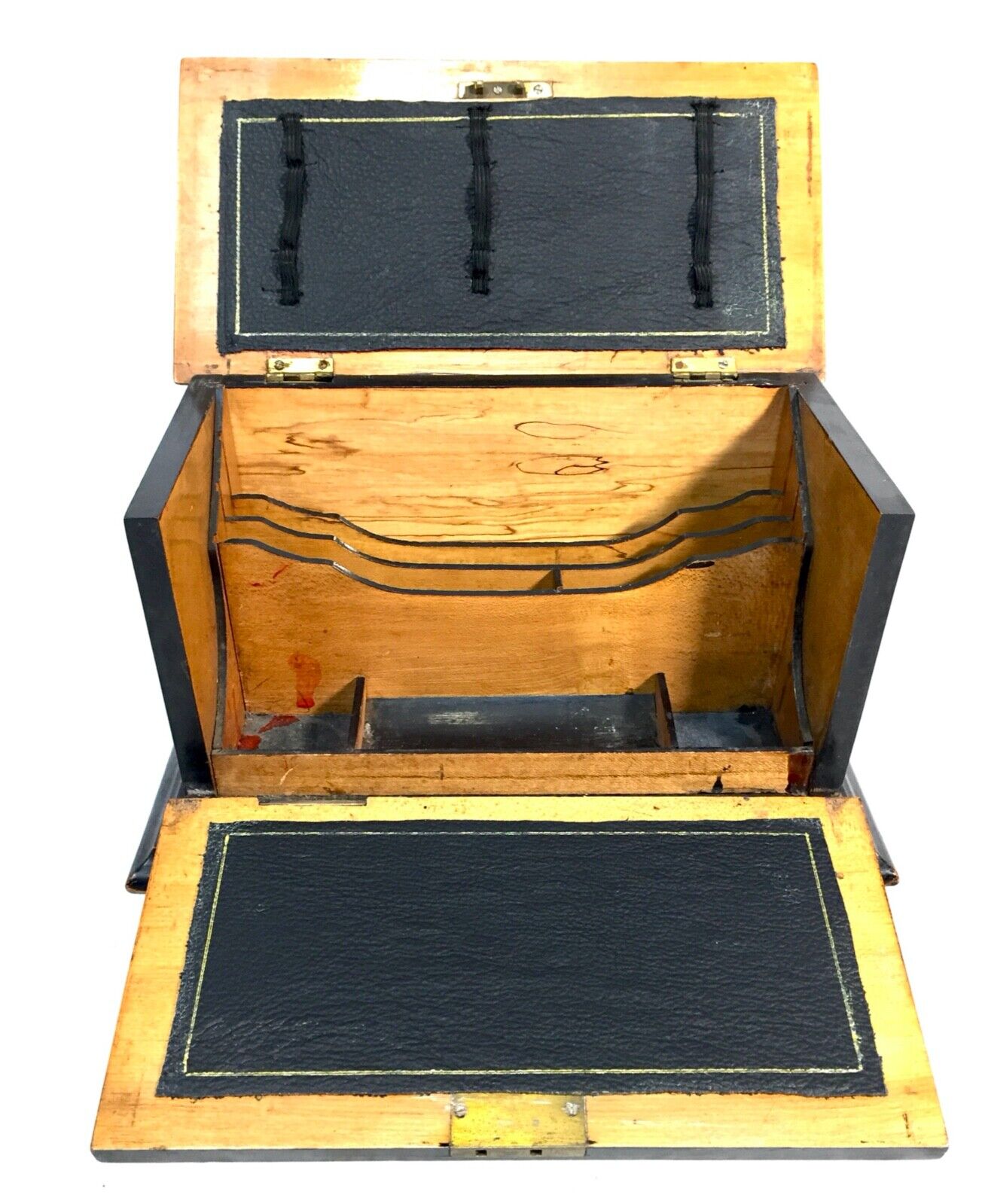 Antique Wooden Stationery Box & Inkwell Stand Set Letter Desktop Tidy / Cabinet