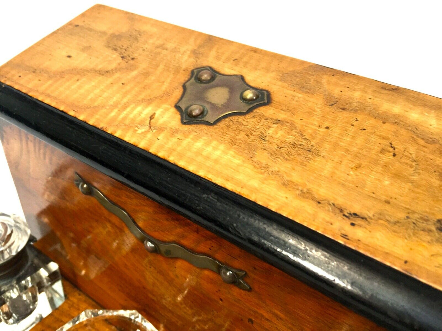 Antique Wooden Tabletop Walnut & Ebonised Stationery Cabinet Writing Box c.1900