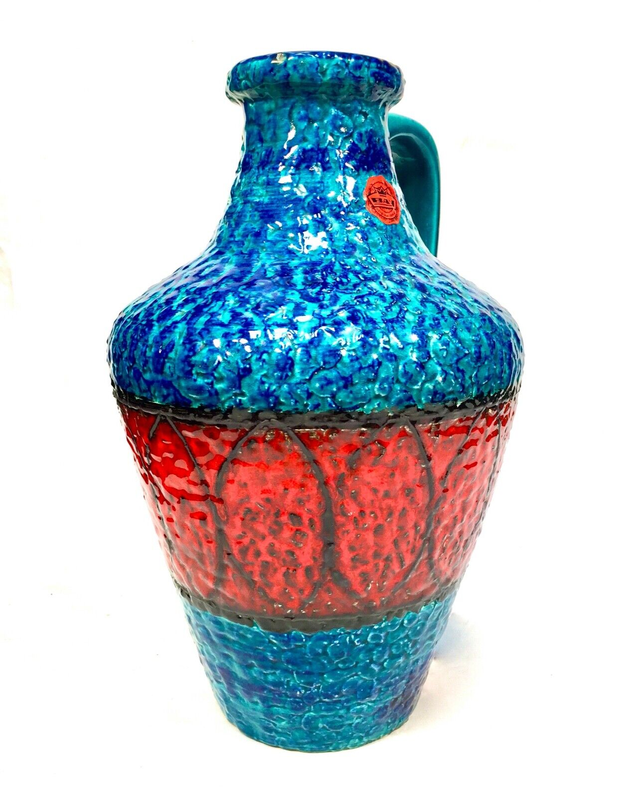 Vintage West German Large Pottery Fat Vase Bay Factory / Red Blue / Retro 1970s