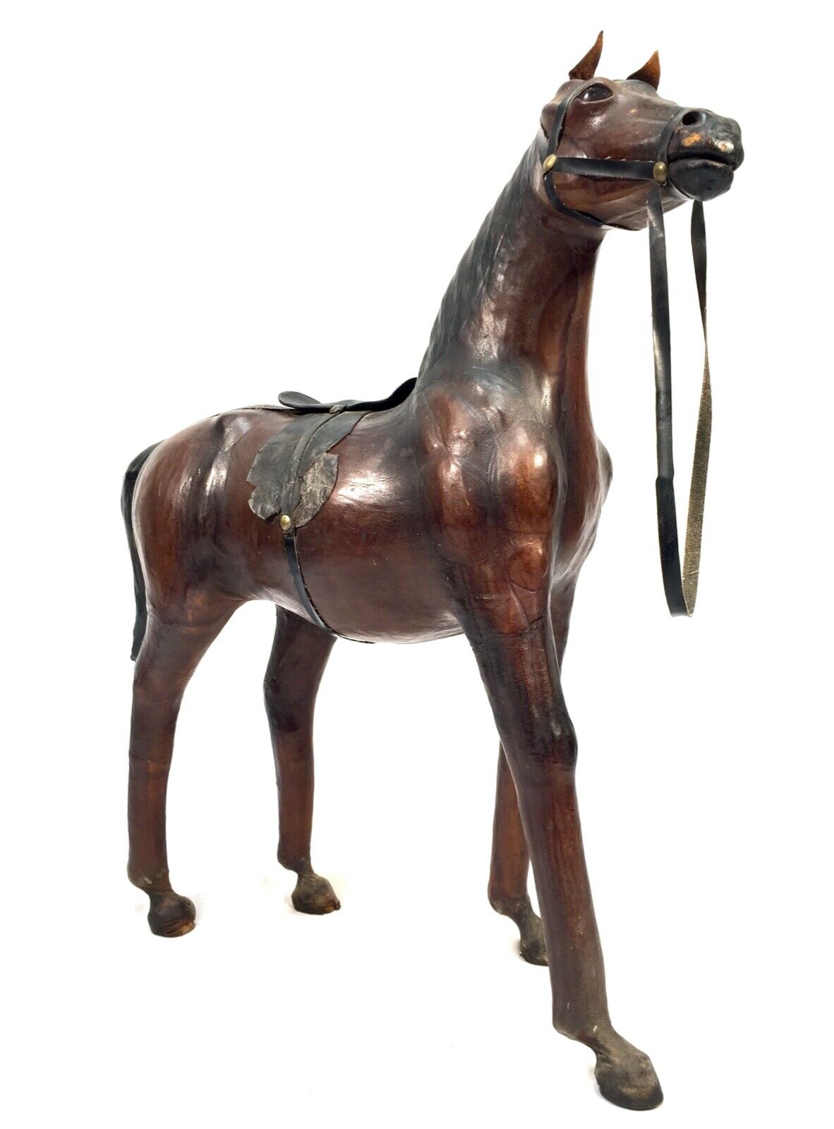 Vintage Mid 20th Century Large Sized Leather Horse Model Antique Floor Standing