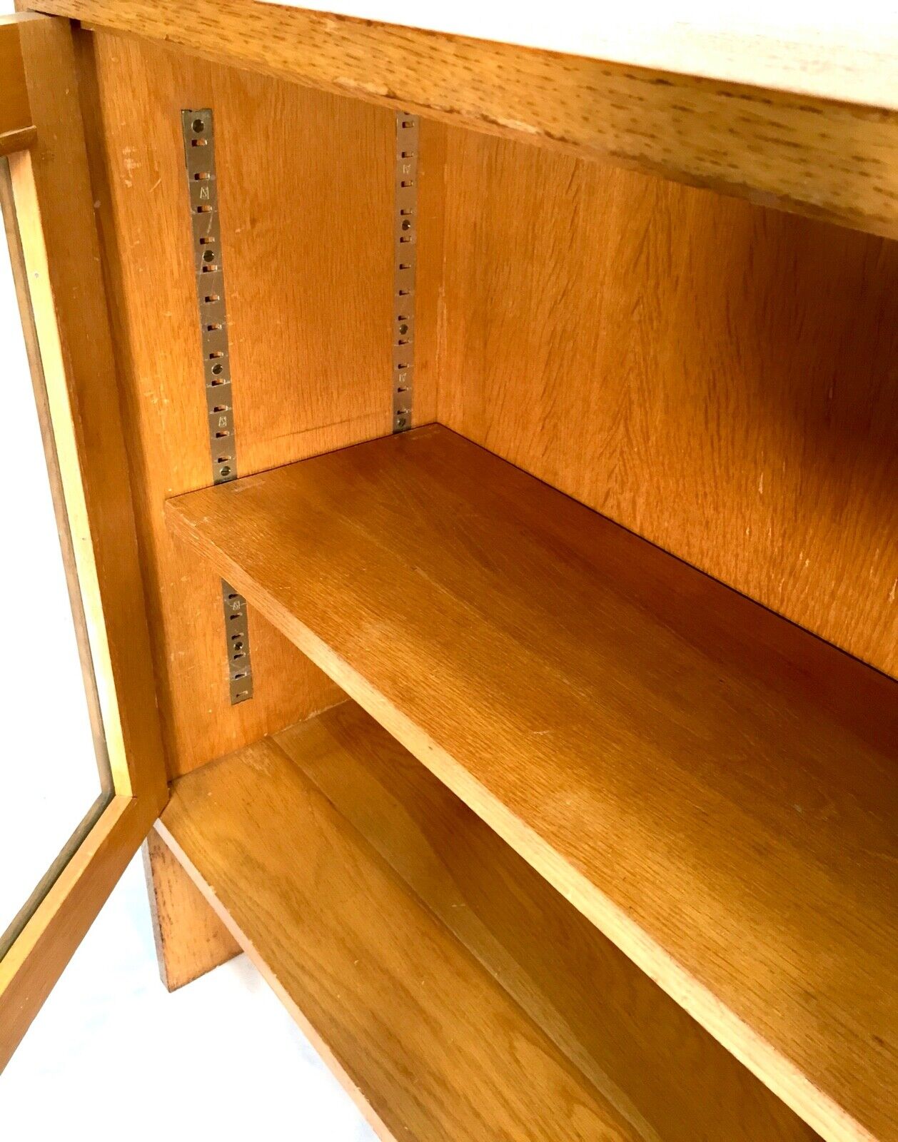 Antique Wooden Oak Large Bookcase Display Cabinet With Glazed Doors Mid Century