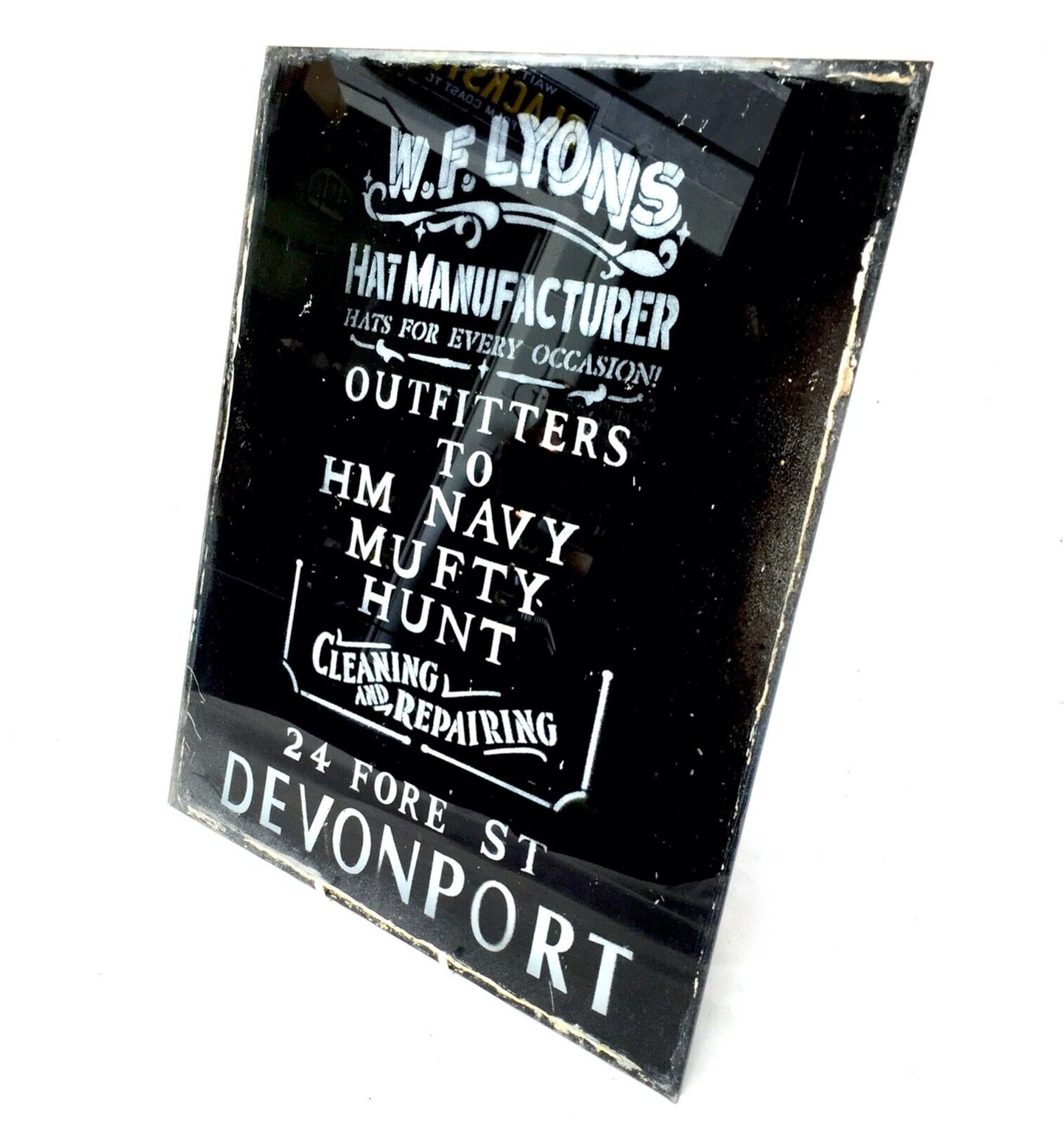 Vintage Glass Window Sign -  Salvaged -   F Lyons Military Outfitters Devonport