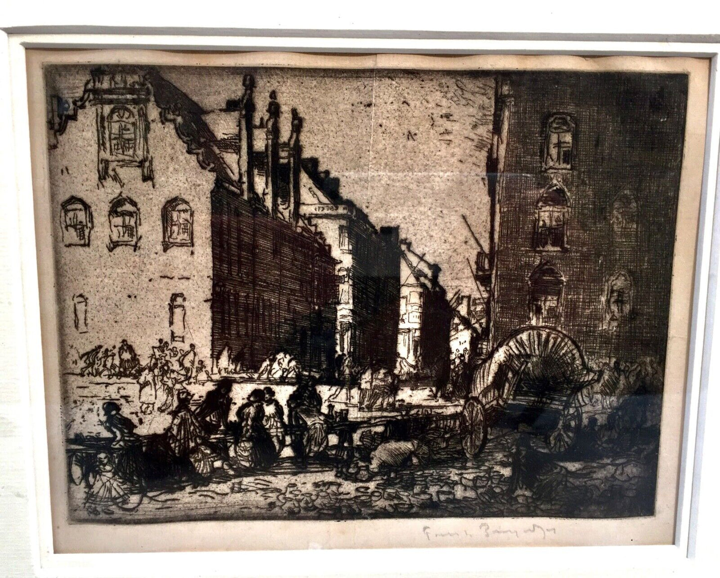 Sir Frank Brangwyn Art - Antique Etching Lithograph of Bruges Marketplace Signed