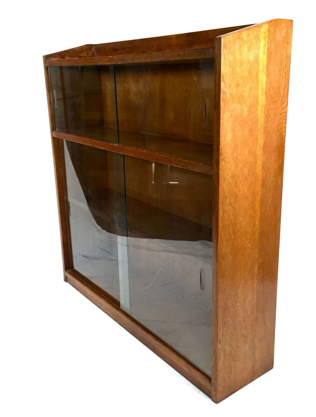 Mid Century Oak Glazed Sliding Glass Door Bookcase Display Cabinet 1950s Antique