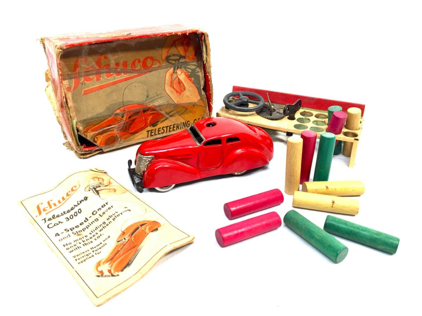 Antique Schuco Telesteering Clockwork Red Car 3000 Toy / Boxed / German c.1930