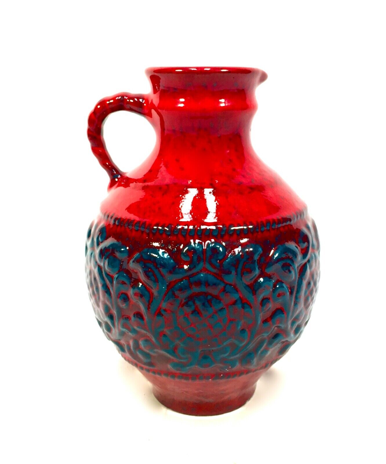 Vintage West German Pottery  Jasba Keramik Vase / Jug / Red & Blue Retro 1970's