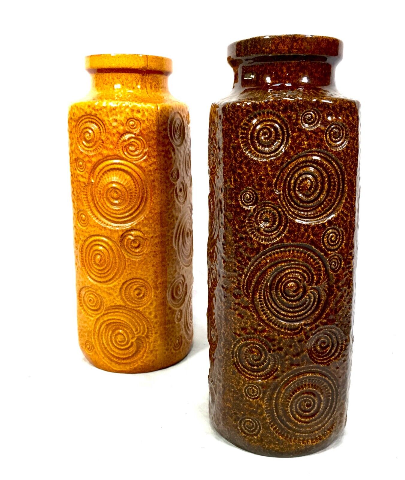 Vintage West German Pottery Vase Pair / Large / Brown & Mustard / Retro 1970s