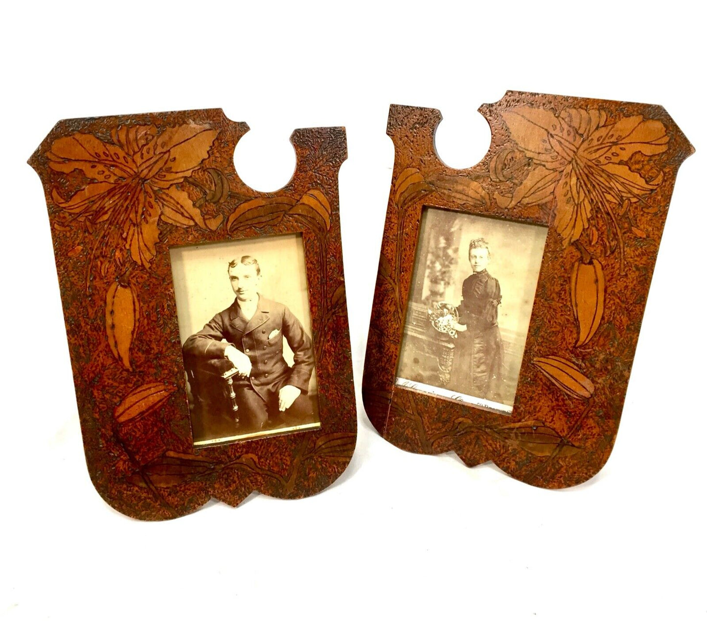 Antique Arts & Crafts Wooden Poker Work Photo Frame Pair / Tabletop Stood c.1900